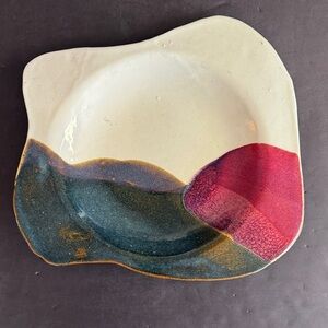 Vintage Free Form abstract jewel tone glazed Signed hand crafted pottery platter